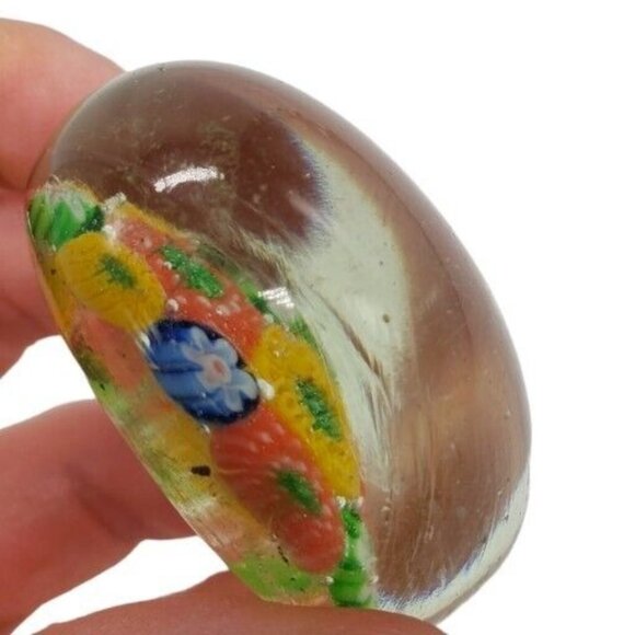 Vintage Art Glass Millefiore Paperwight Retro Flower Orange Yellow Green Blue 2" - Picture 12 of 14